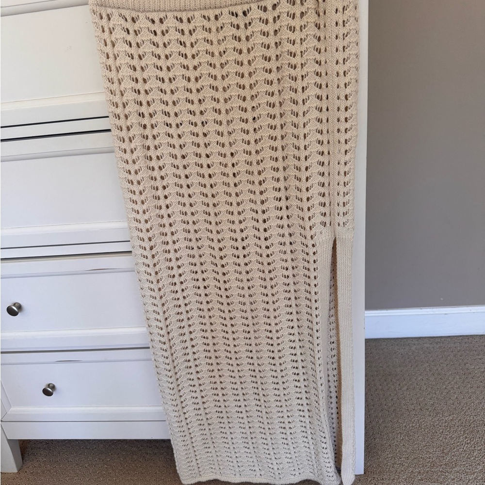 Cream Crochet Knit Maxi Coverup Skirt with Side Slit size S